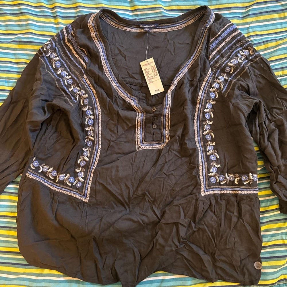 American Eagle Outfitters Black Embroidered Blouse